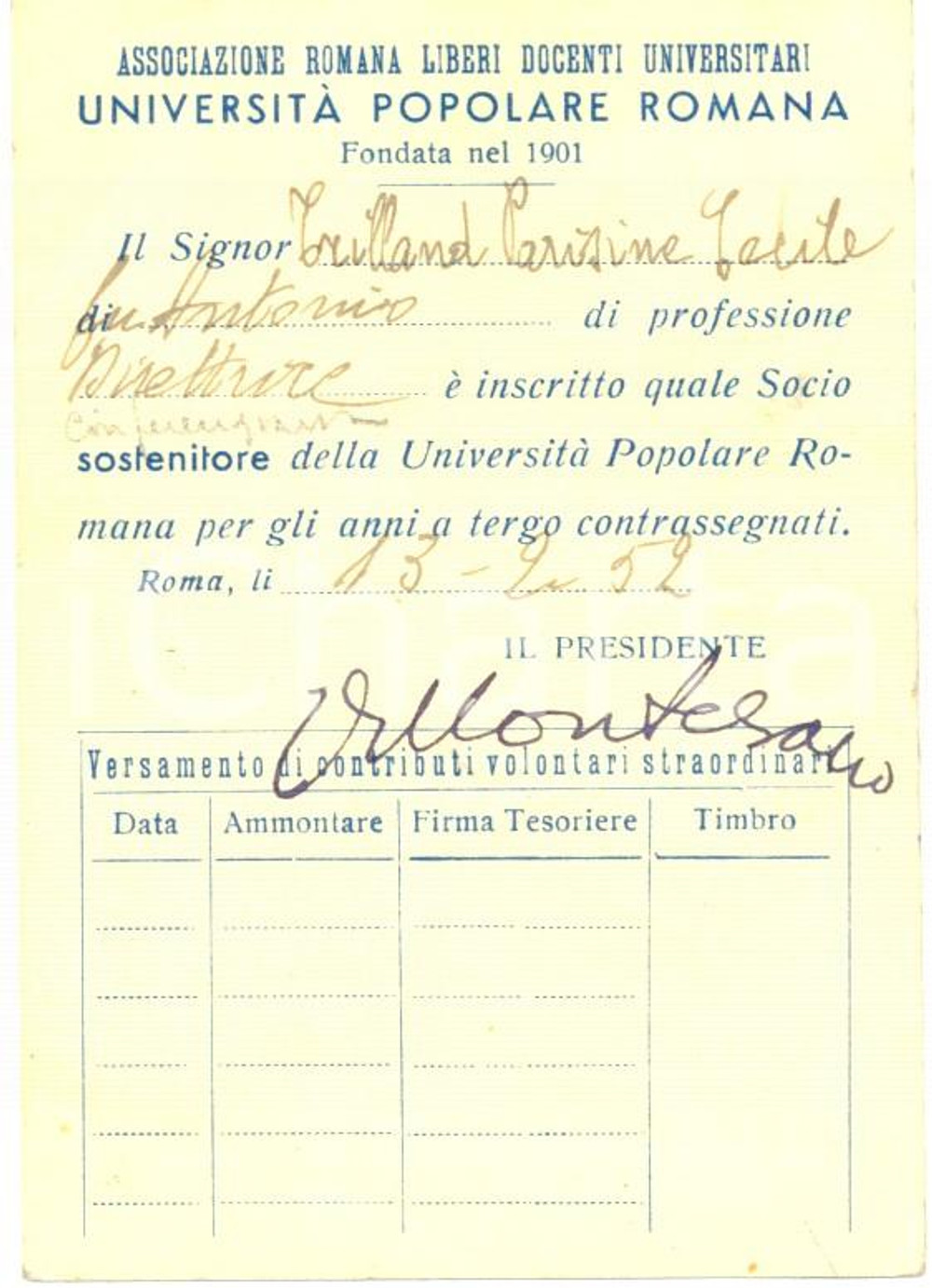 Oggetto da collezione cartaceo 1952 UNIVERSITA' POPOLARE ROMANA Tessera 1