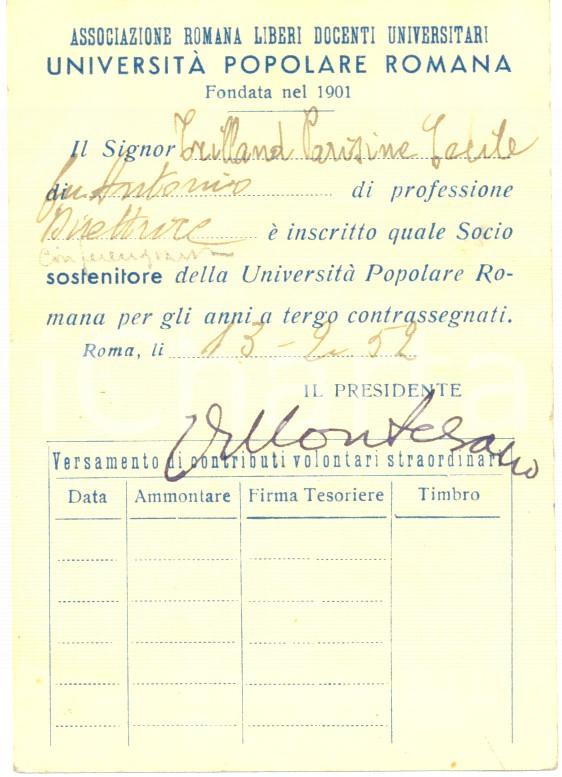 Oggetto da collezione cartaceo 1952 UNIVERSITA  POPOLARE ROMANA Tessera Cecile Trilland 1