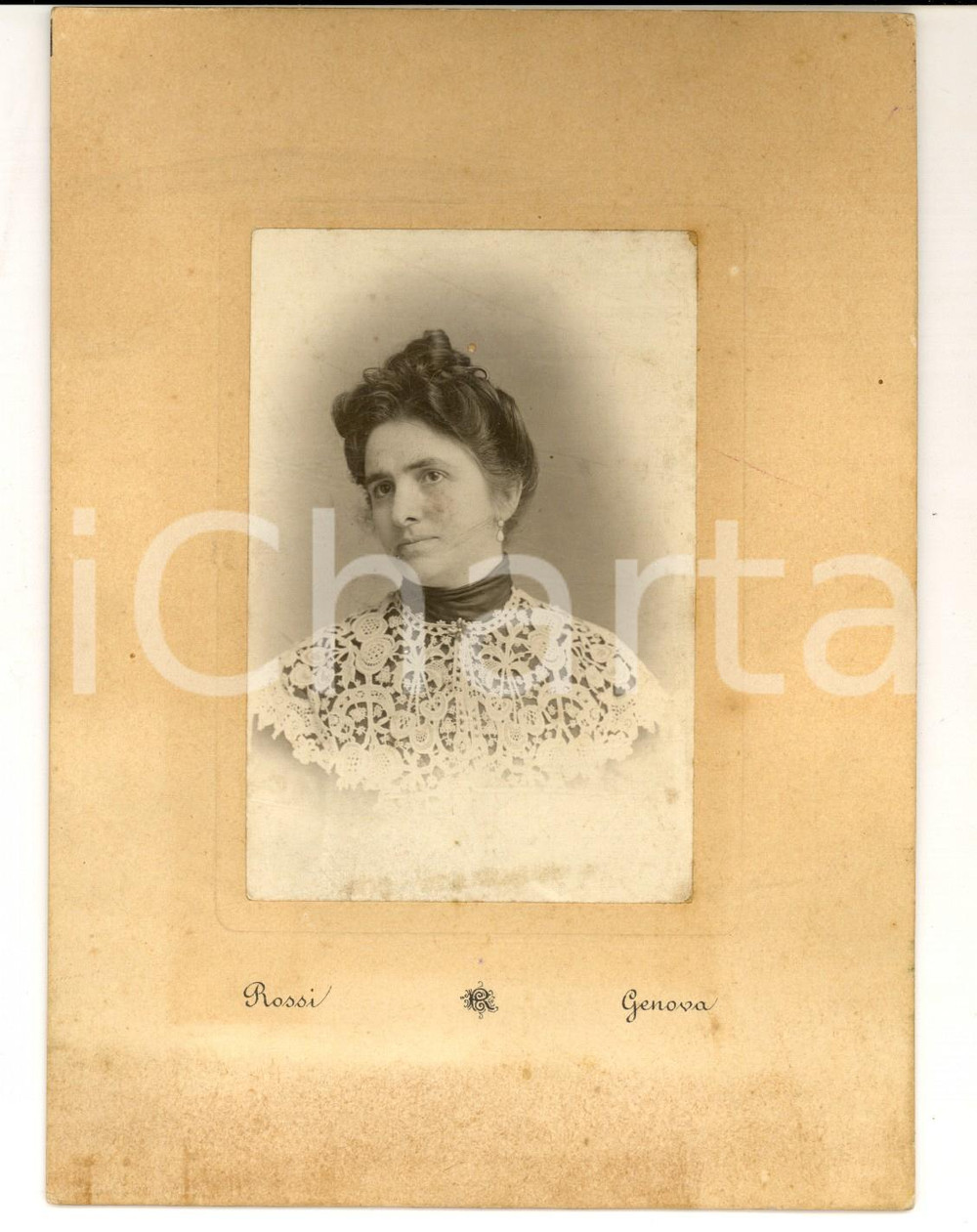 Fotografia d epoca originale 1900 ca GENOVA Ritratto di donna con colletto in pizzo Foto ROSSI 1