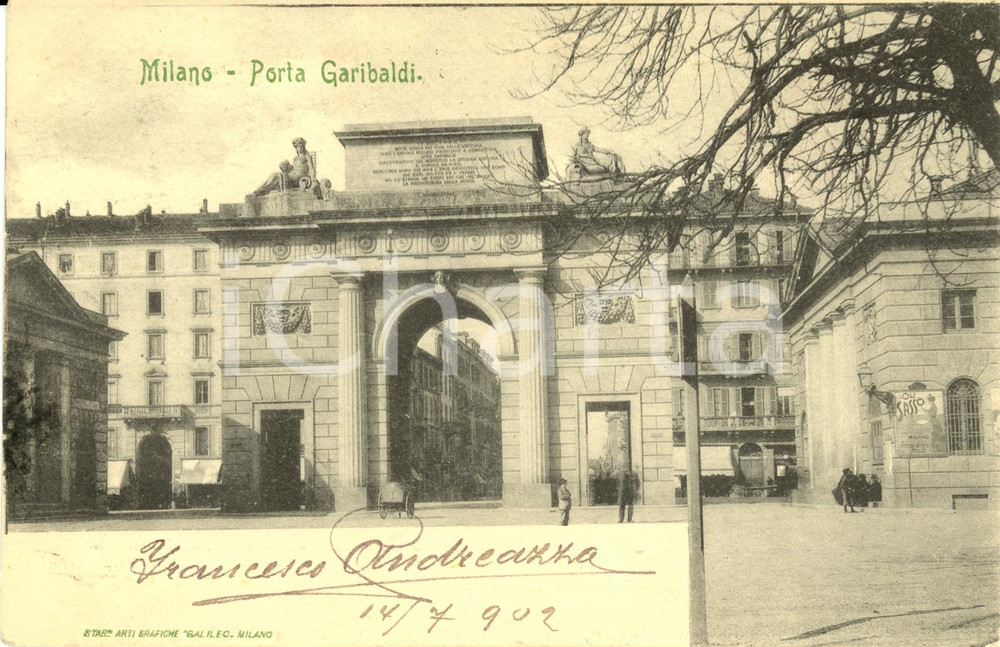 Cartolina originale da collezione 1902 MILANO Veduta di Porta GARIBALDI con pubblicità OLI SASSO Cartolina FP VG 1