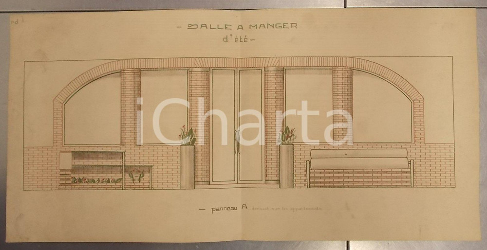 Stampa, bozzetto originale 1920 ca  FRANCIA o PIEMONTE Architettura Salle à manger d été  DISEGNATO A MANO 1