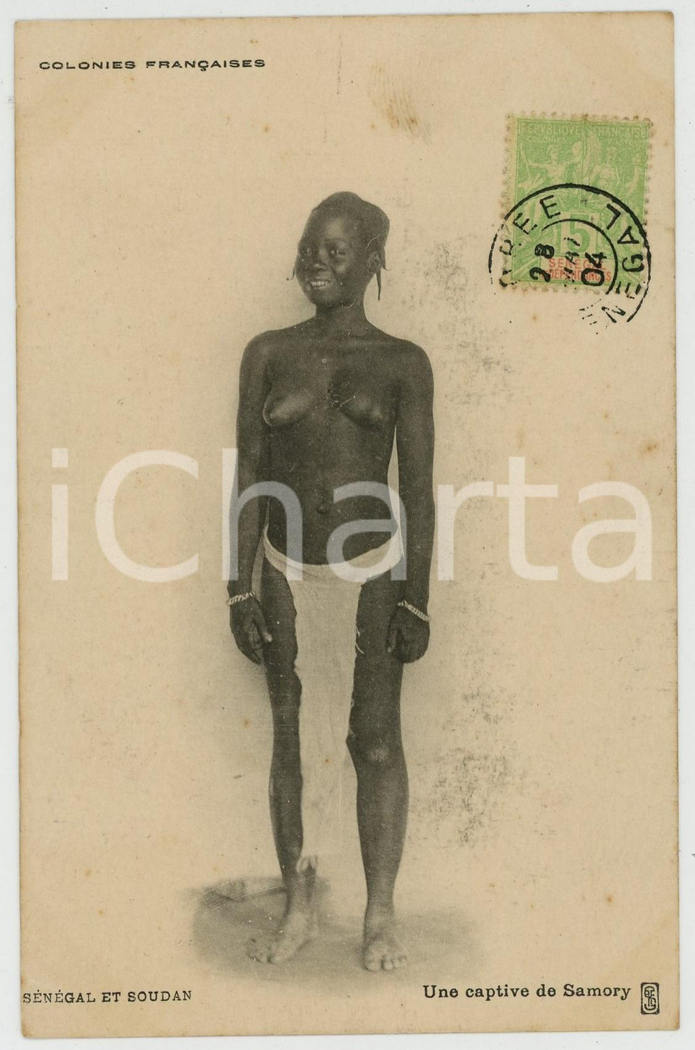 1904 SENEGAL ET SOUDAN Une captive de Samory NU ETHNIQUE Carte postale FP NV  Cartolina postale d'epoca, non viaggiata ma con francobollo annullato.CONDIZIONI: FAIR (lievi aloni e bruniture al verso)FORMATO: FP    originale e autentica 1
