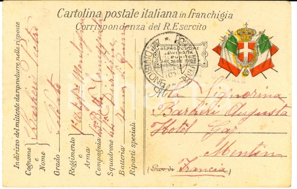 Documento originale, autentico 1916 ALPINI WW1 1Â° Artiglieria MONTAGNA Soldato Pietro BARBIERI Cartolina 1