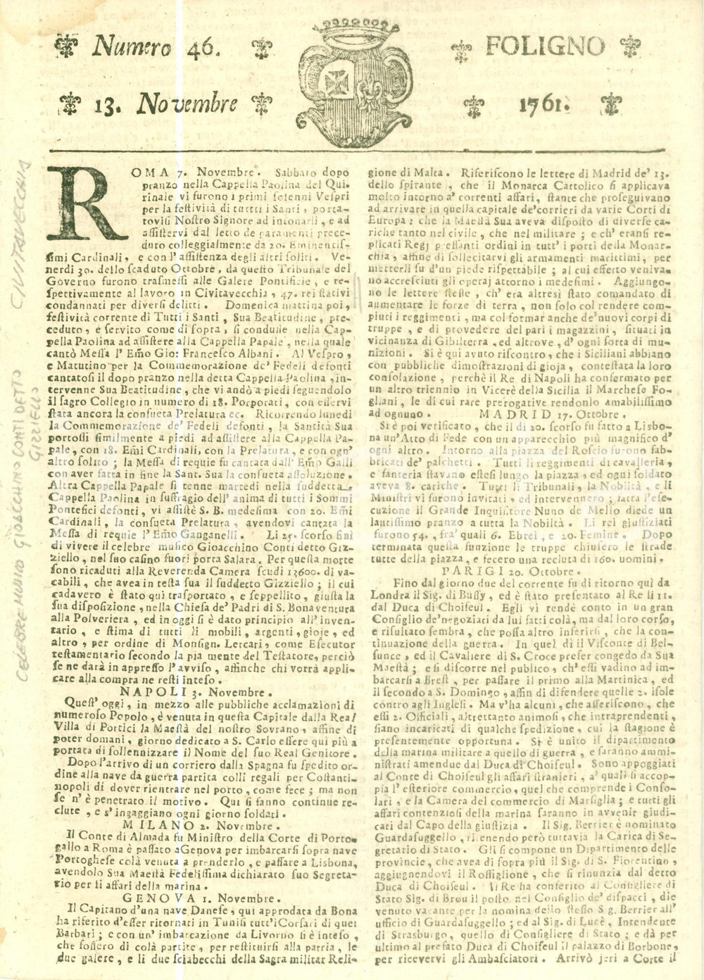 Giornale, rivista storica 1761 GIORNALE DI FOLIGNO n. 46 Manovre per Guerra dei Sette Anni a VIENNA 1