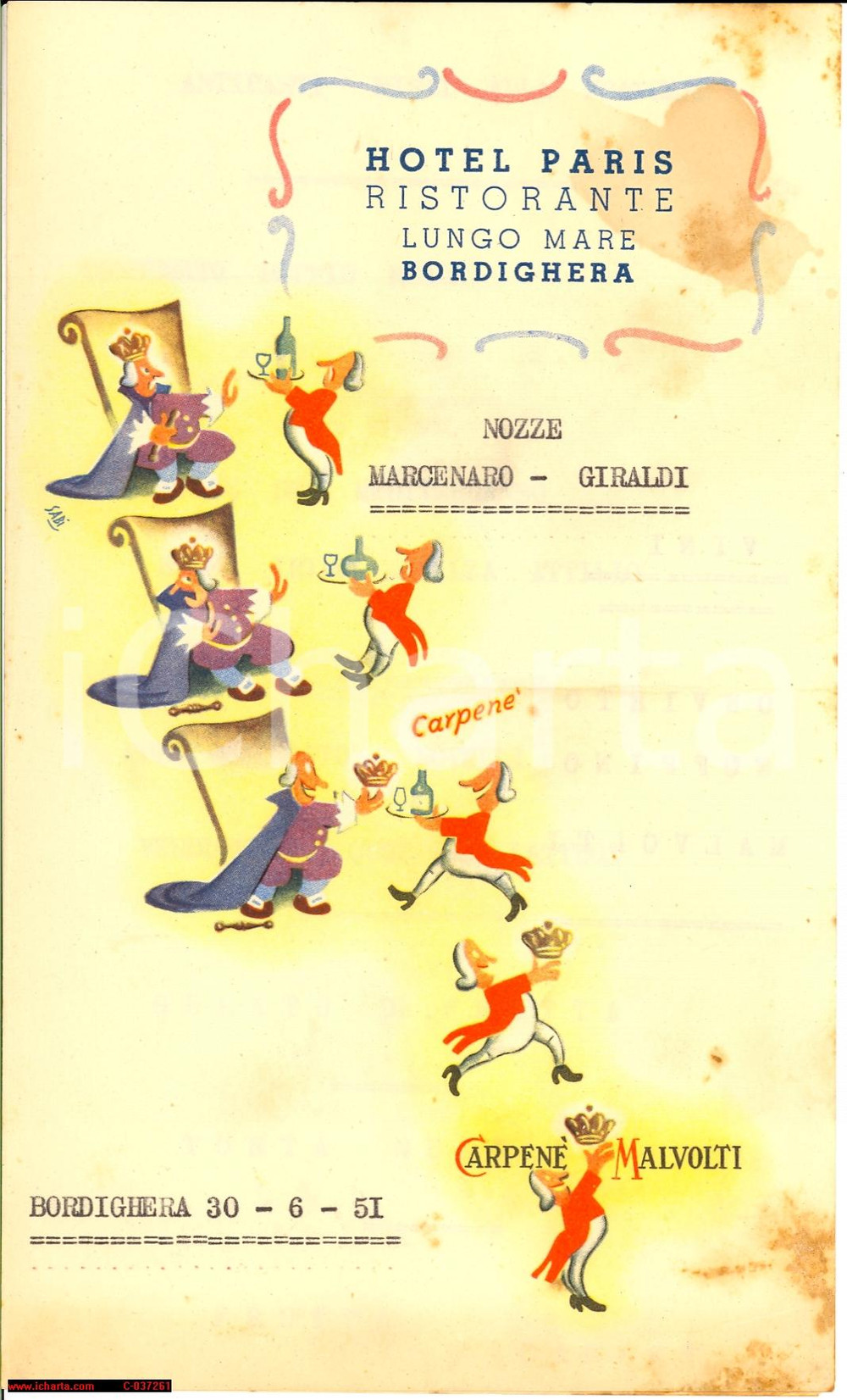 Oggetto da collezione cartaceo 1951 BORDIGHERA (IM) Hotel PARIS MenÃ¹ ill. SABI 1