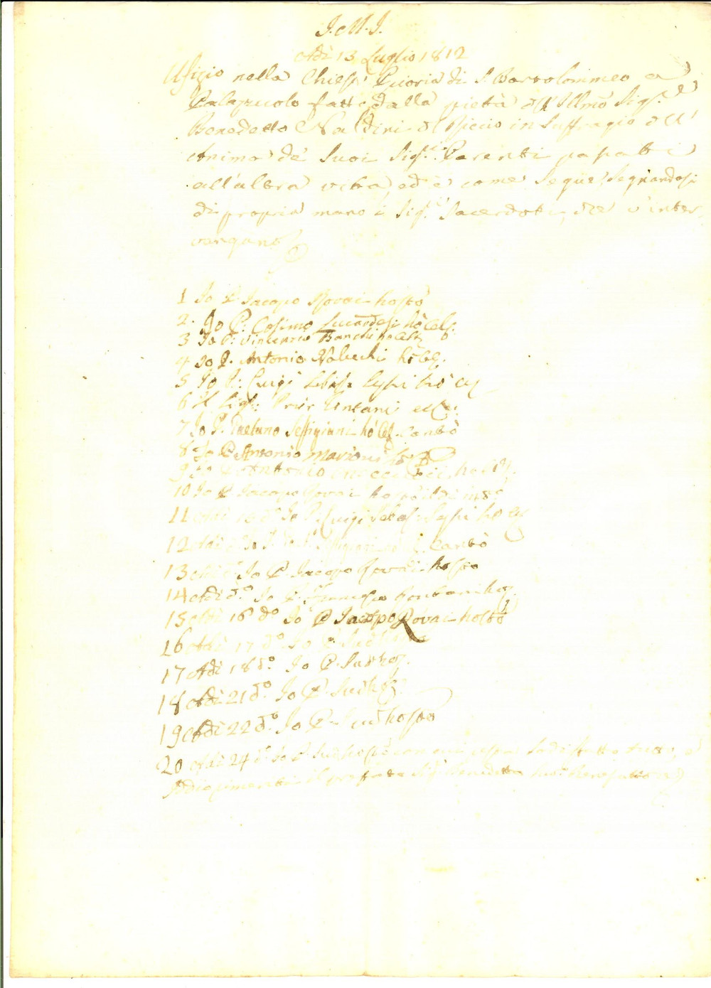 Documento originale, autentico 1812 PALAZZUOLO Anniversario in suffragio del cav. Pietro NALDINI Firme 1