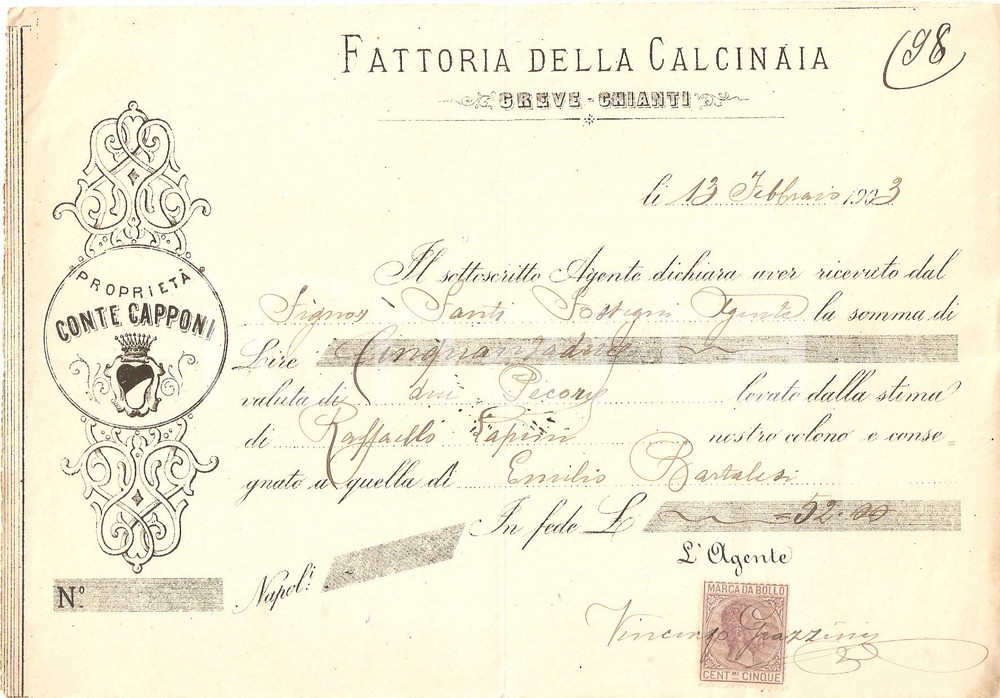 Documento originale, autentico 1903 GREVE IN CHIANTI FI Fattoria CALCINAIA Conte CAPPONI Ricevuta bestiami 1