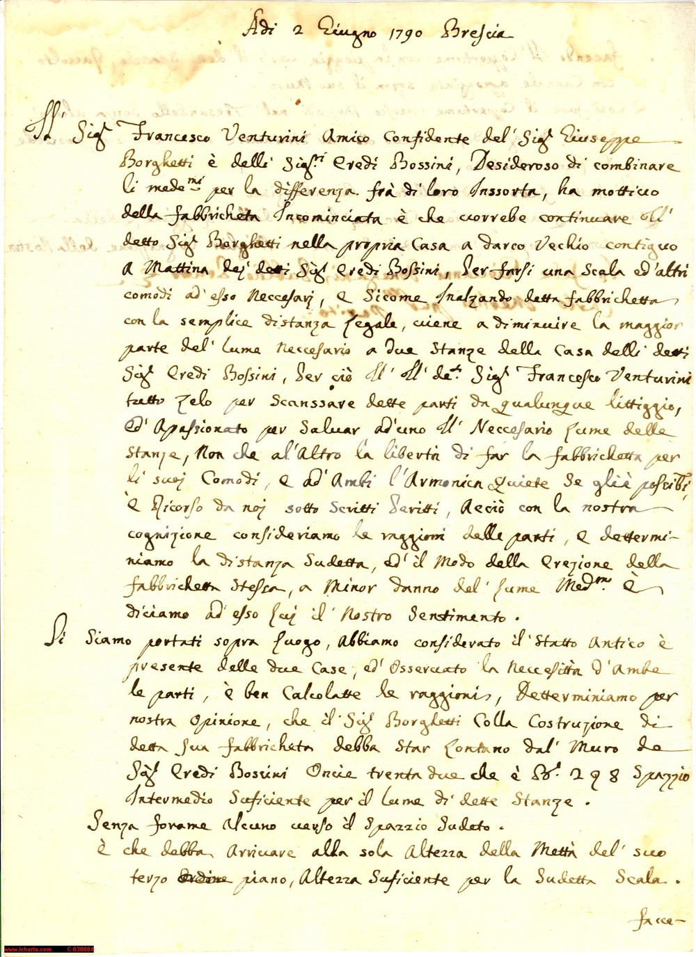 Documento originale, autentico 1790 BRESCIA Lite BOSSINI vs BORGHETTI per fabbrichetta che toglie luce 1