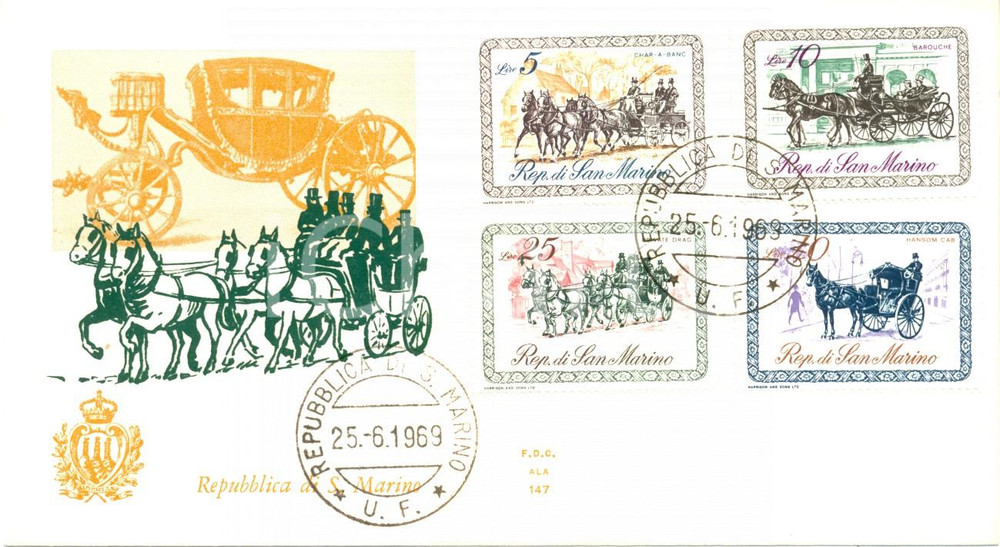 Materiale pubblicitario d’epoca 1969 REPUBBLICA SAN MARINO Esemplari di CARROZZE con annullo BUSTA PRIMO GIORNO 1