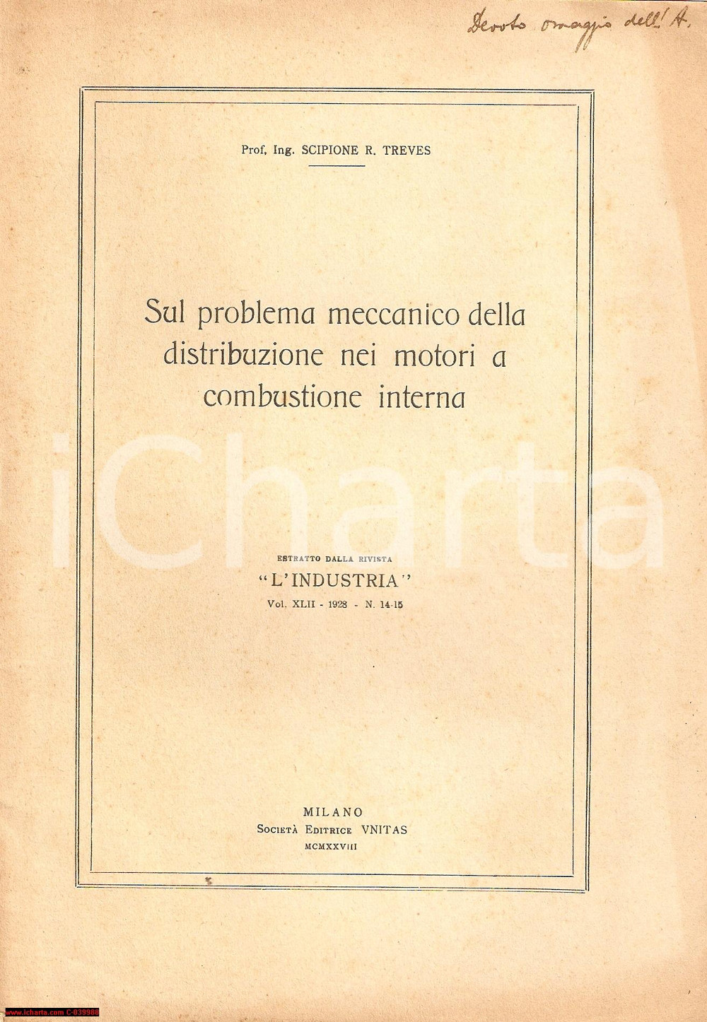 Libro, pubblicazione d epoca 1928 Scipione TREVES Sul problema della distribuzione nei motori 1