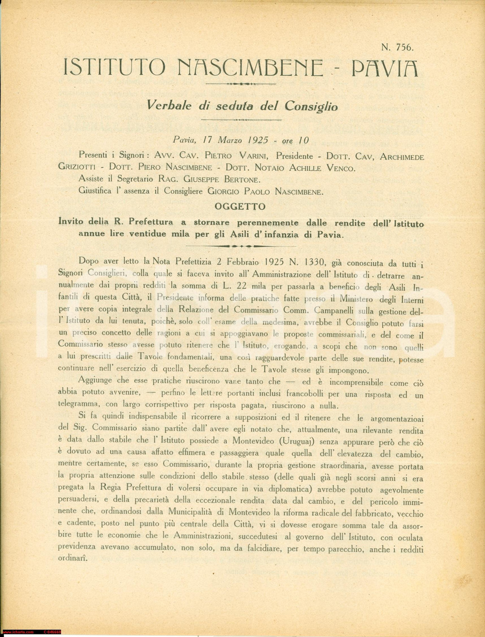 Documento originale, autentico 1925 PAVIA Ventiduemila lire Asili Infanzia NASCIMBENE 1
