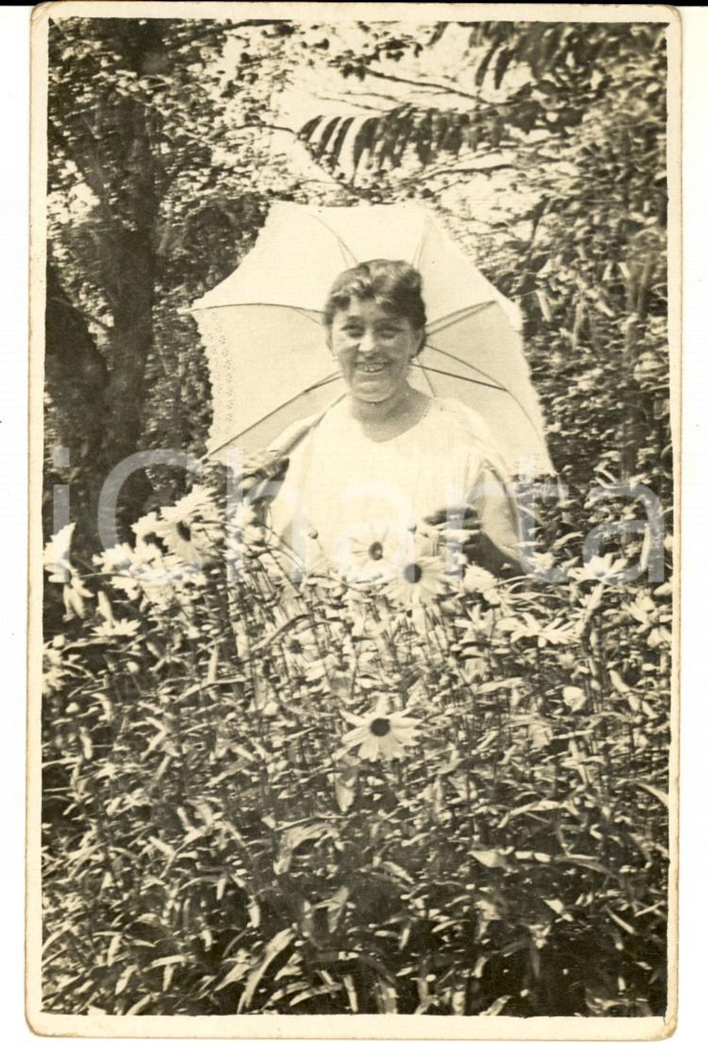 Fotografia d epoca originale 1930 ca ITALIA Ritratto di donna in un campo di fiori  Foto cartolina VINTAGE 1