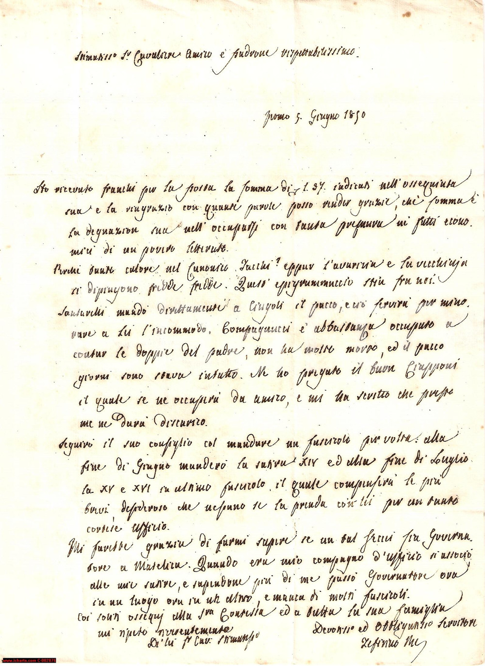 Autografo originale 1850 FERMO Lettera Zeffirino RE - Premura per un povero letterato *Autografo 1
