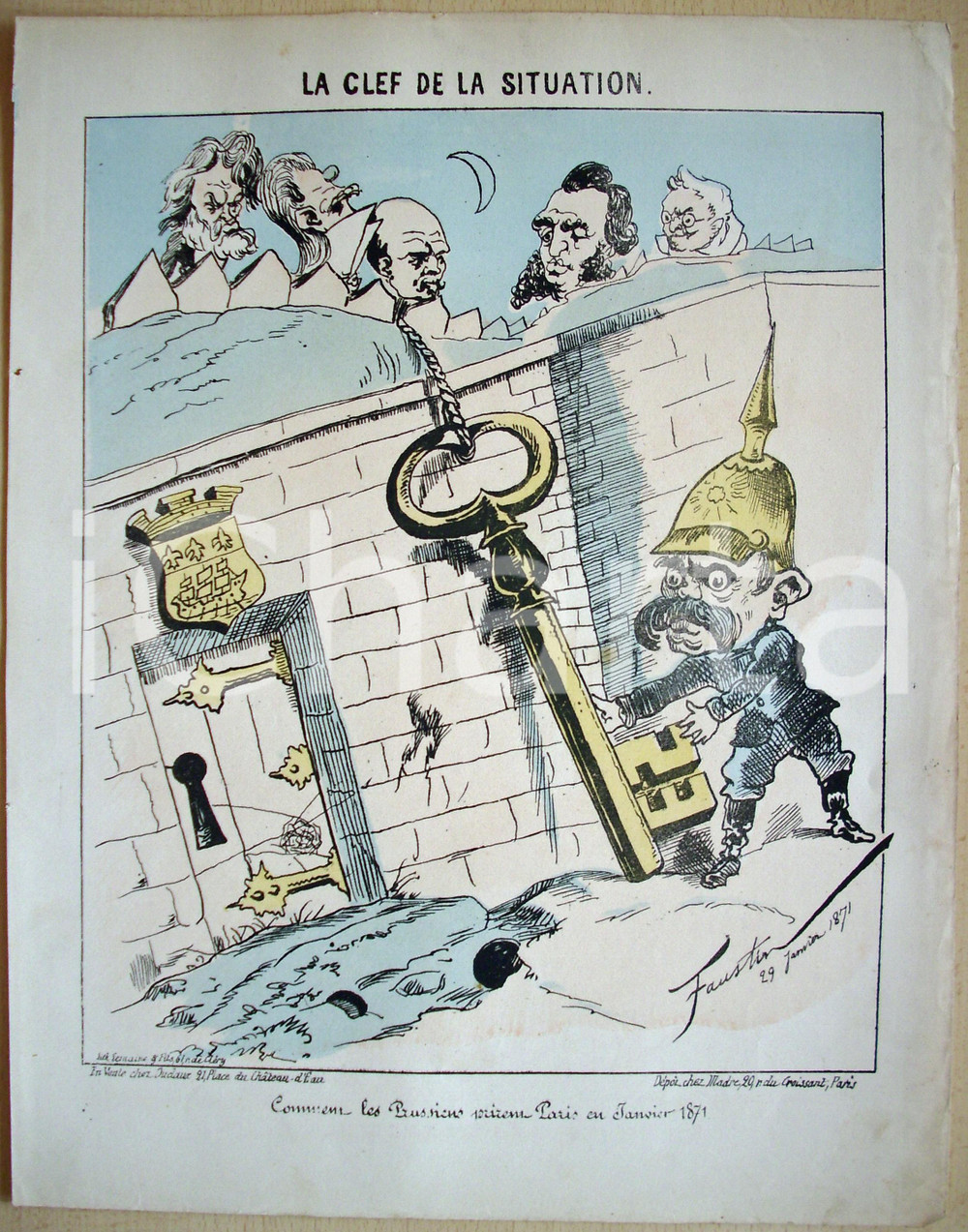 Stampa, bozzetto originale 1871 Caricatura PRESA DI PARIGI Illus. Faustin BETBEDER 1