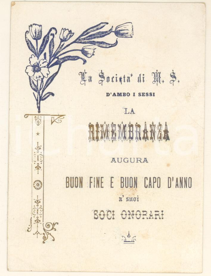 Documento originale, autentico 1900 ca TORINO Società M.S. LA RIMEMBRANZA augura buon anno Biglietto LIBERTY 1