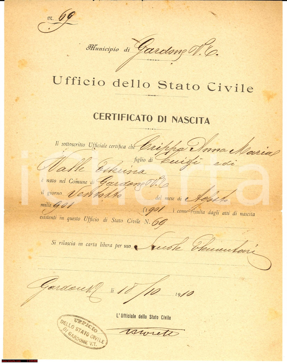 Documento originale, autentico 1910 GARDONE VAL TROMPIA (BS) Nascita Anna Maria CRIPPA 1