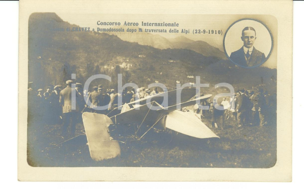 Cartolina originale da collezione 1910 DOMODOSSOLA Concorso aereo Incidente mortale Geo CHAVEZ 1