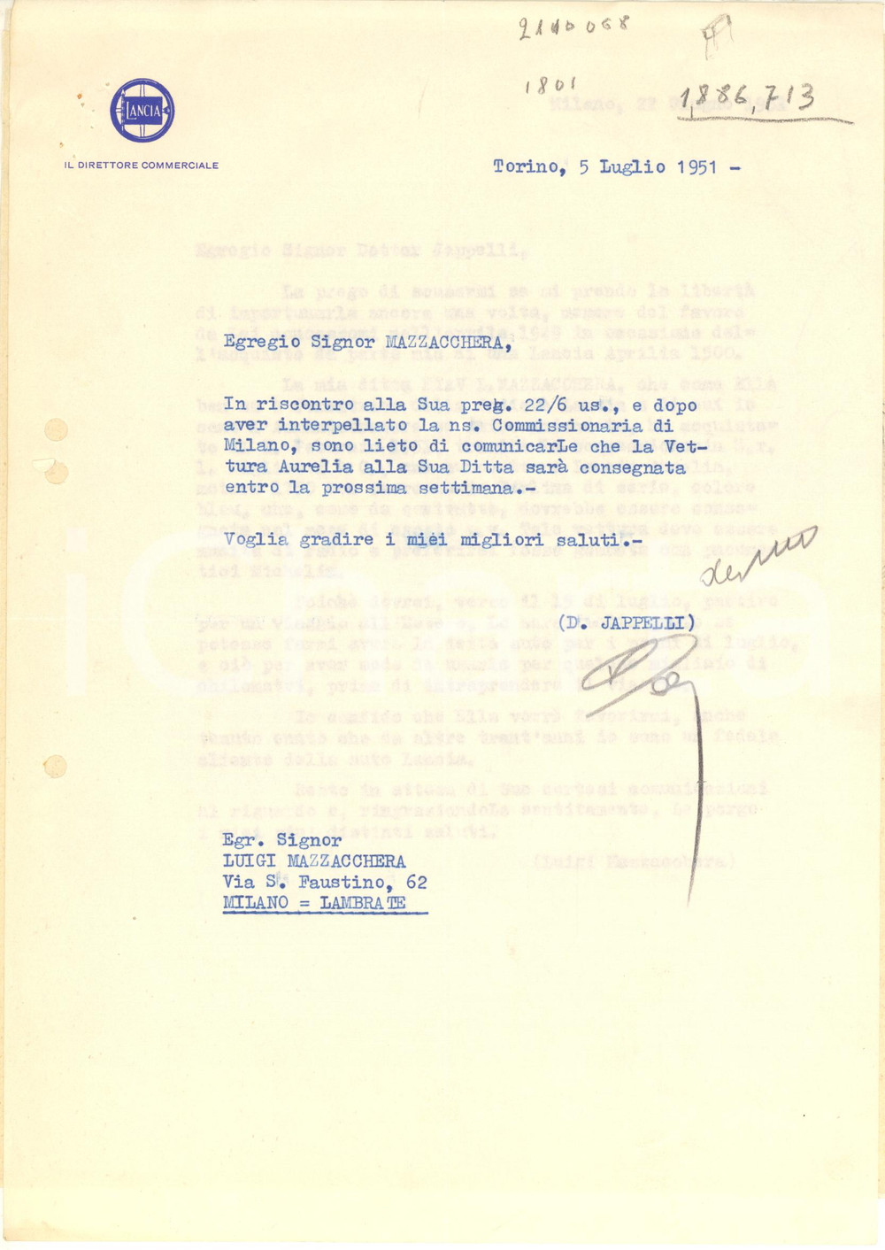 Autografo originale 1951 TORINO LANCIA  Lettera Domenico JAPPELLI per consegna Aurelia Autografo 1