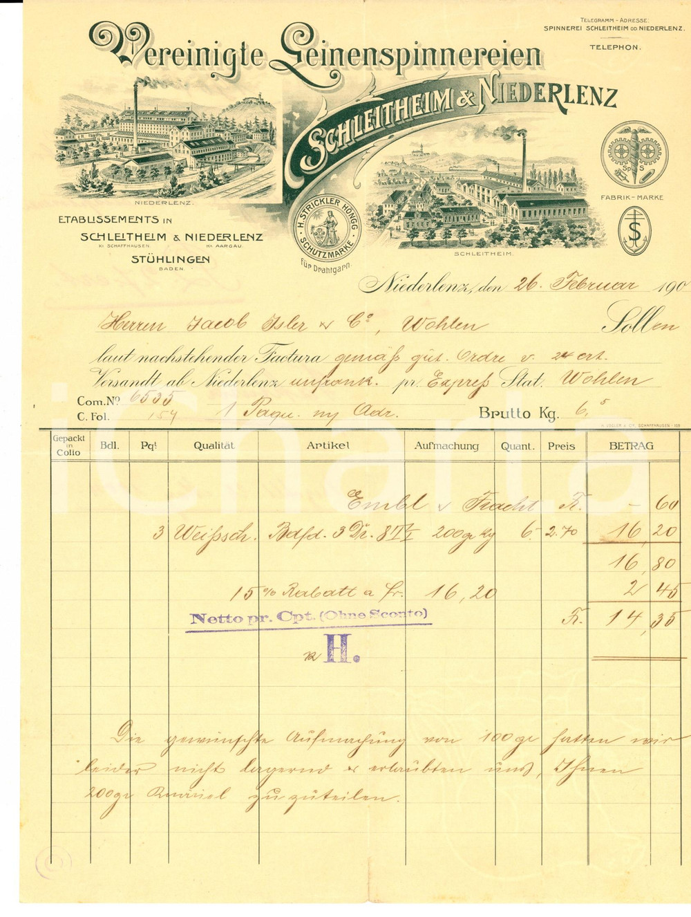 Oggetto da collezione cartaceo 1900 NIEDERLENZ CH Ditta SCHLEITHEIM & NIEDERLENZ Tessuti Fattura 1