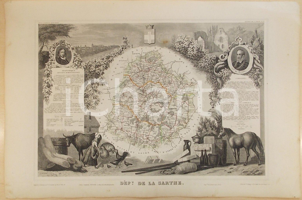Stampa, bozzetto originale 1861 PARIS Atlas National de la France  illustré  Département de la SARTHE n°71 1