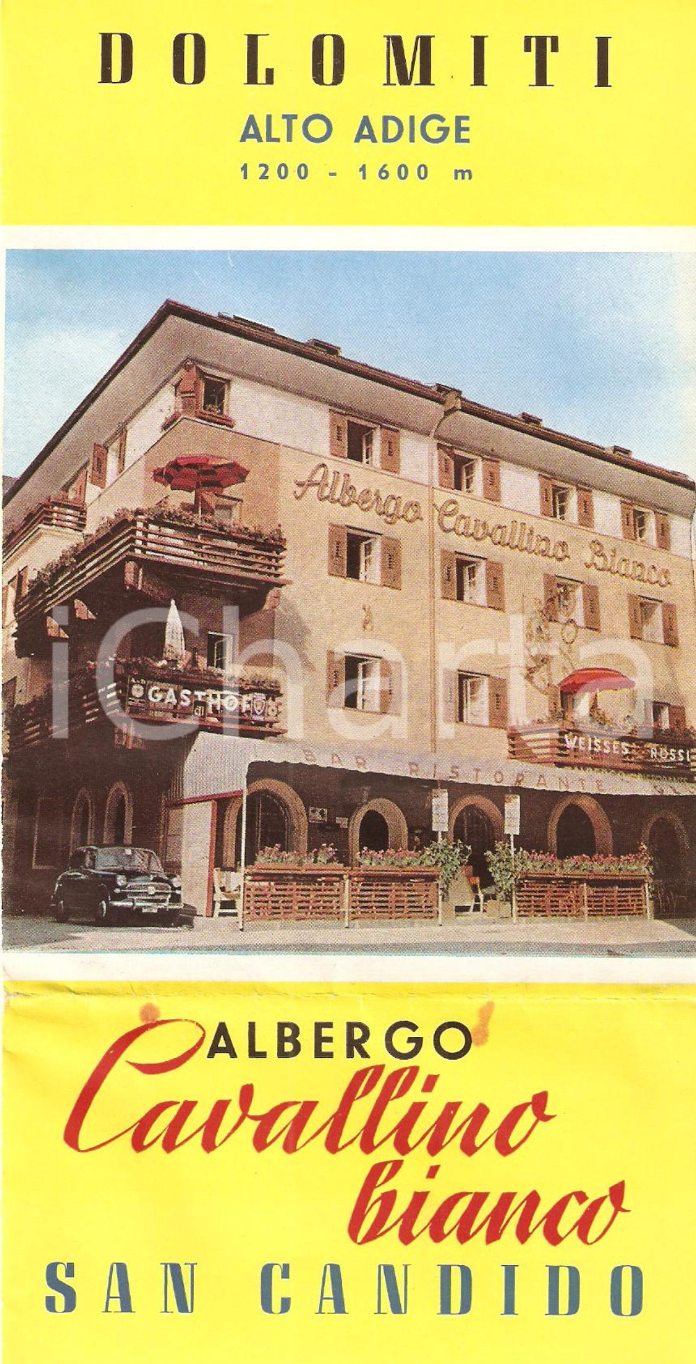 Materiale pubblicitario d’epoca 1950 ca SAN CANDIDO BZ Albergo CAVALLINO BIANCO Dolomiti Pieghevole ILLUSTRATO 1