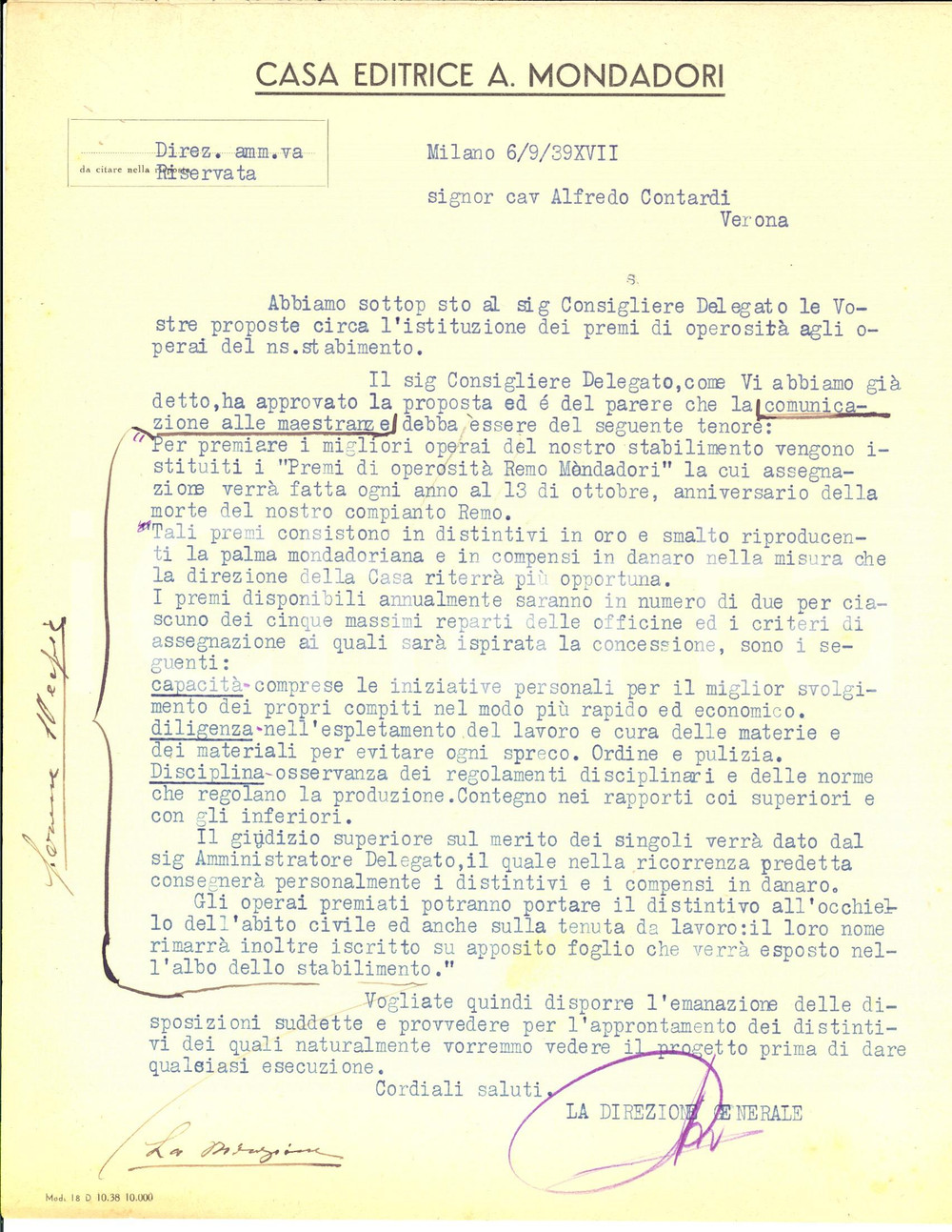 Manoscritto, lettera originale 1939 MILANO Casa Editrice MONDADORI  Premi Remo Mondadori agli operai 1