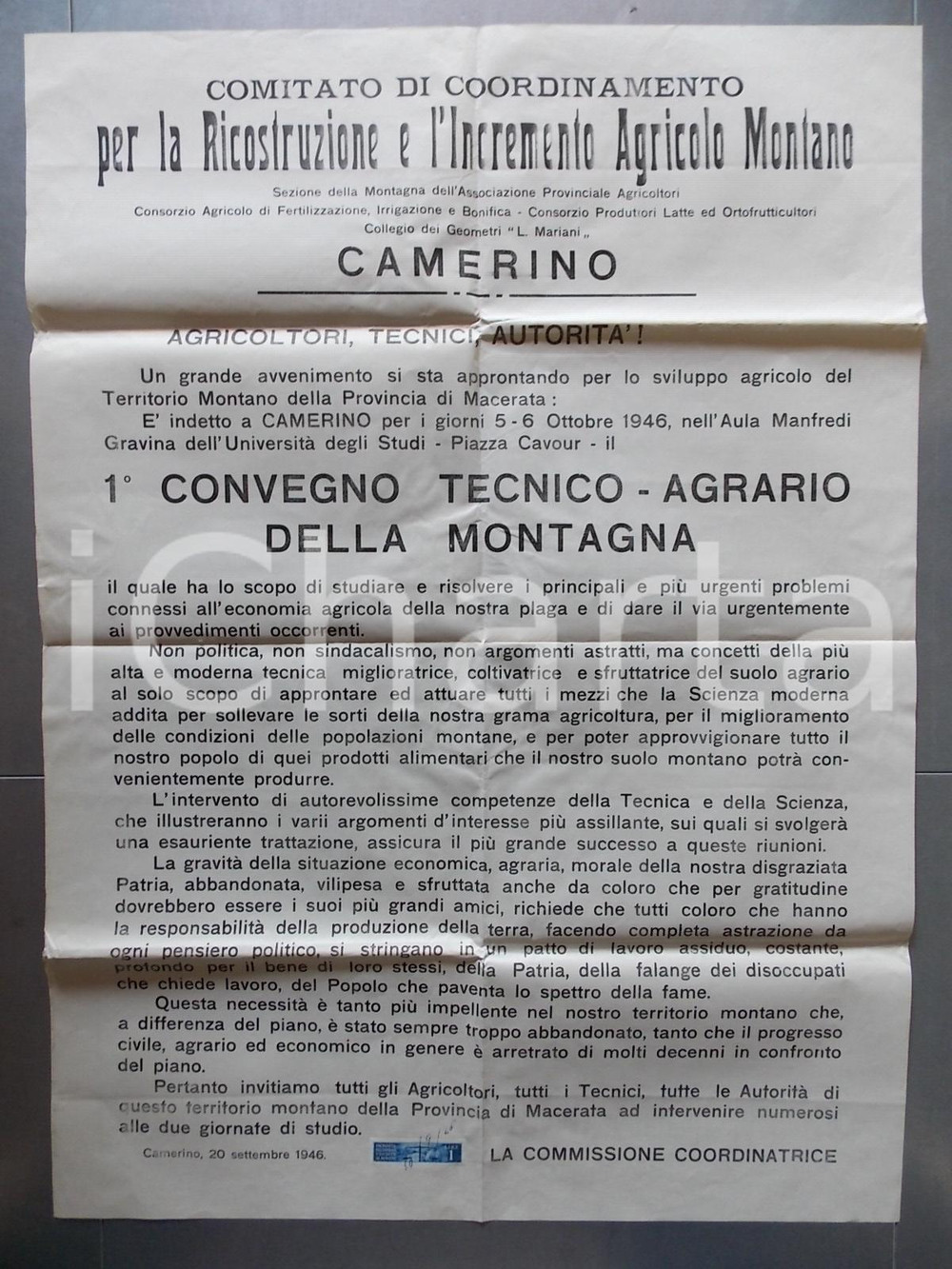 Documento originale, autentico 1946 CAMERINO MC 1Â° Convegno tecnicoagrario della montagna Manifesto 1