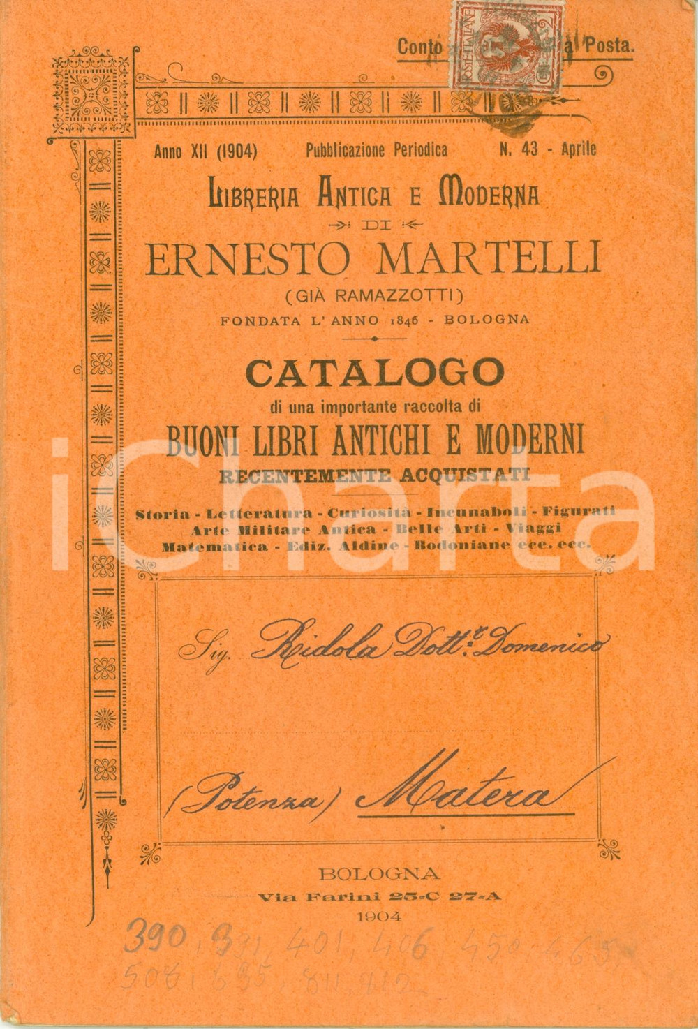 Libro, pubblicazione d epoca 1904 BOLOGNA Libreria Antica Moderna Ernesto MARTELLI Catalogo buoni libri 1