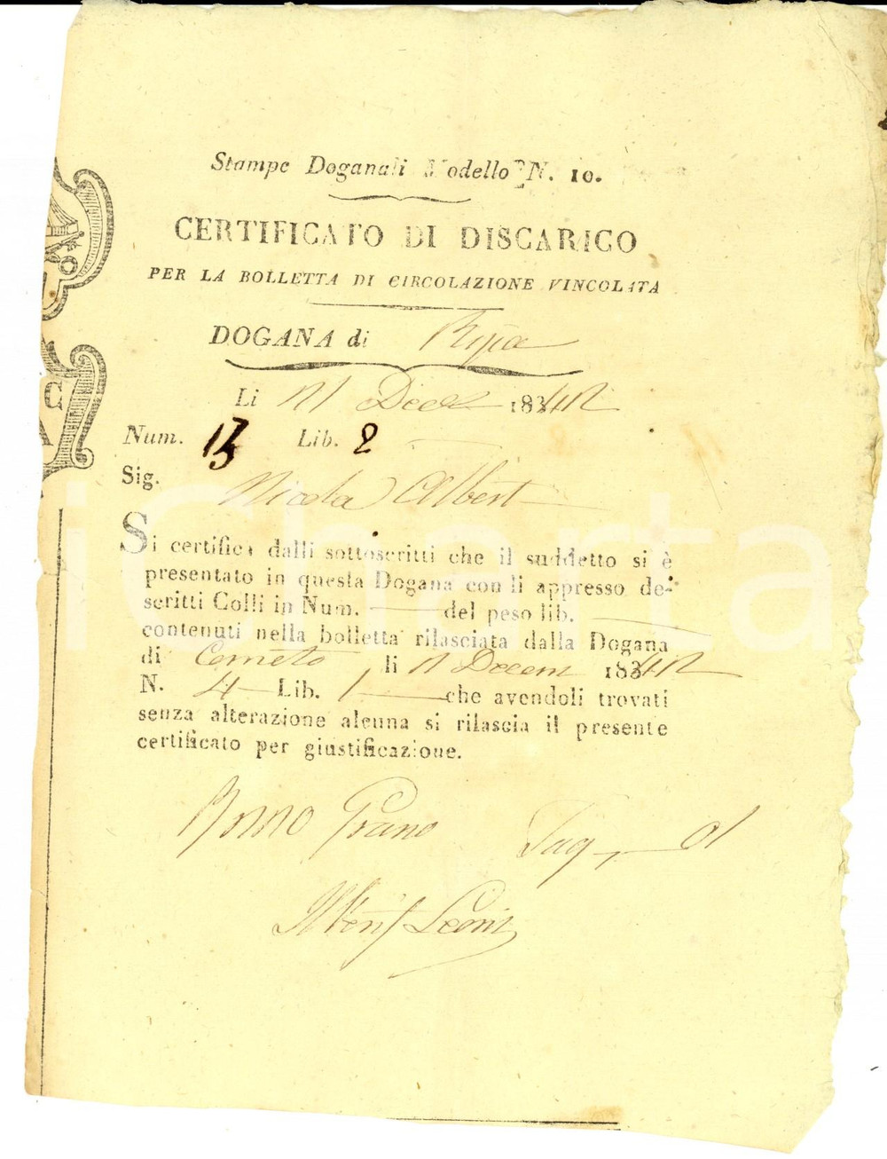 Documento originale, autentico 1842 DOGANA DI RIPA STATO PONTIFICIO Certificato di discarico a Nicola ALBERT 1