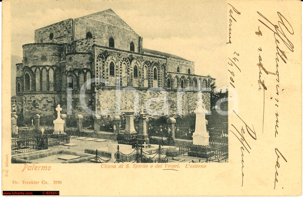 Cartolina originale da collezione 1901 Palermo - esterno Chiesa S. Spirito o Vespri 1
