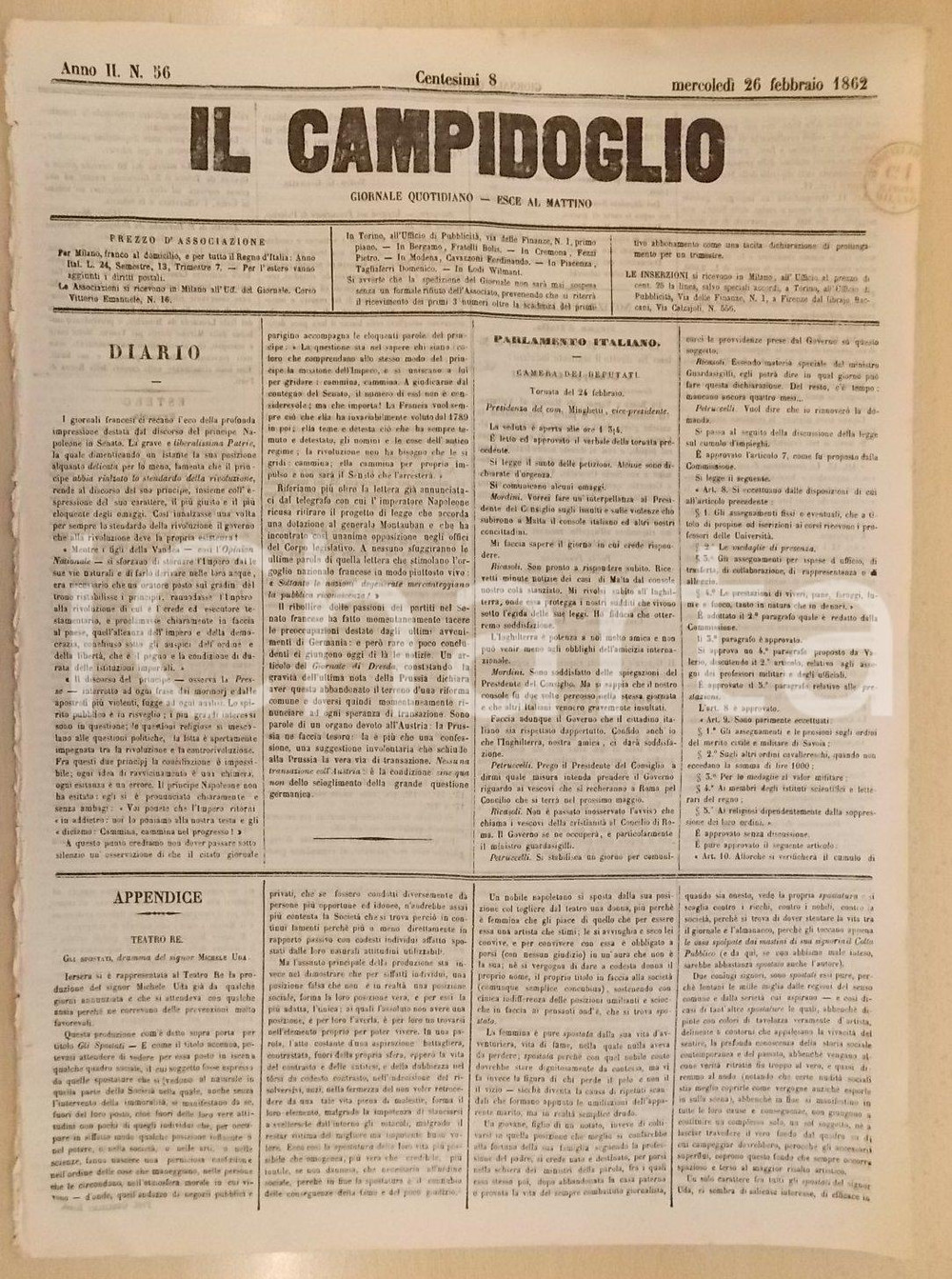 Giornale, rivista storica 1862 MILANO Giornale IL CAMPIDOGLIO Nessuna transazione con l AUSTRIA 1