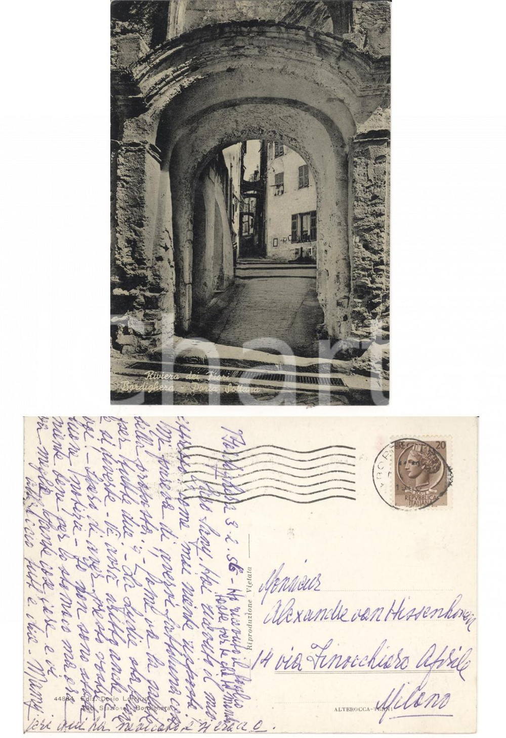 Autografo originale 1956 BORDIGHERA (IM) Porta Sottana *Autografo Alessandra STAGLIENO al figlio 1