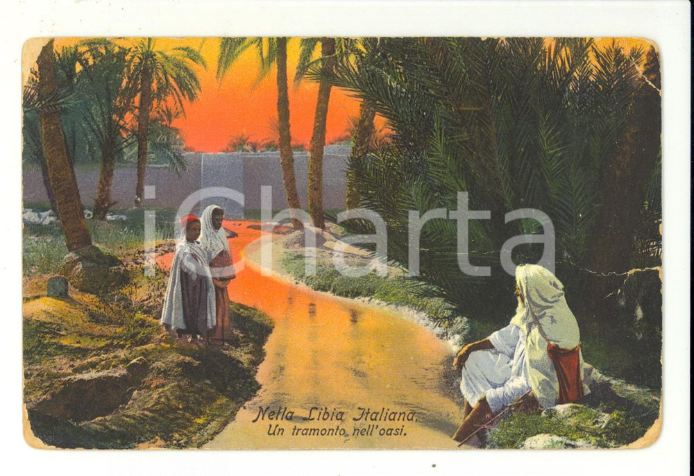 Cartolina originale da collezione 1914 Nella LIBIA Italiana - Un tramonto nell'oasi FP VG 1