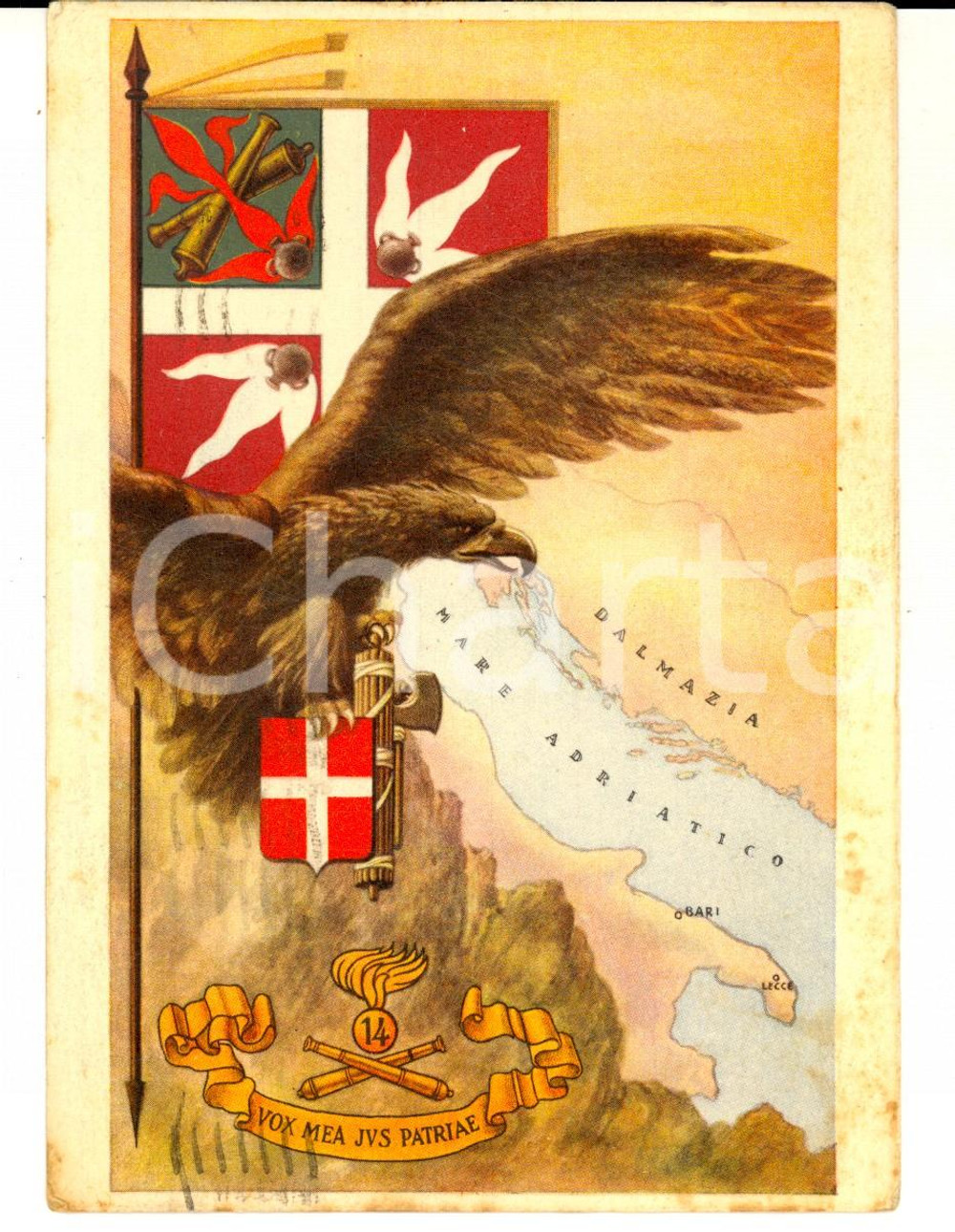 Cartolina originale da collezione 1938 Cartolina 14° Reggimento Artiglieria delle MURGE ILLUSTRATA FG VG 1