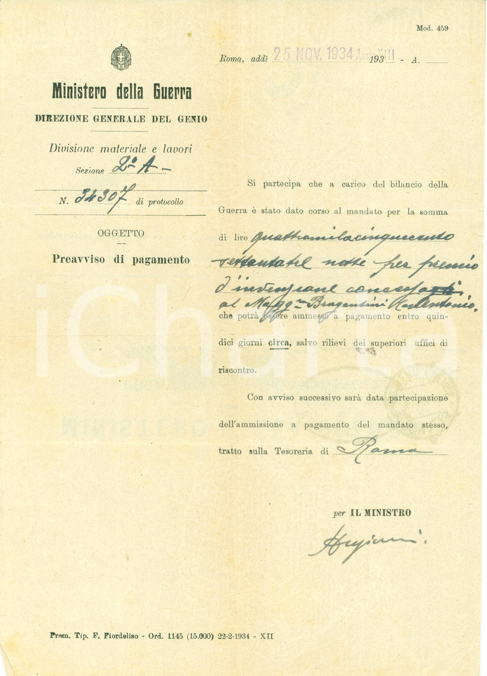 Documento originale, autentico 1934 ROMA Ministero Guerra concede premio d invenzione ad Antonio BRAGANTINI 1