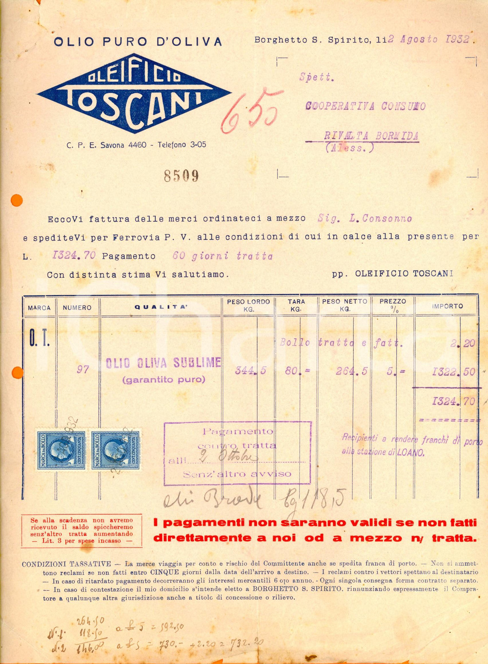 Documento originale, autentico 1932 BORGHETTO SANTO SPIRITO SV Oleificio TOSCANI Fattura intestata 1