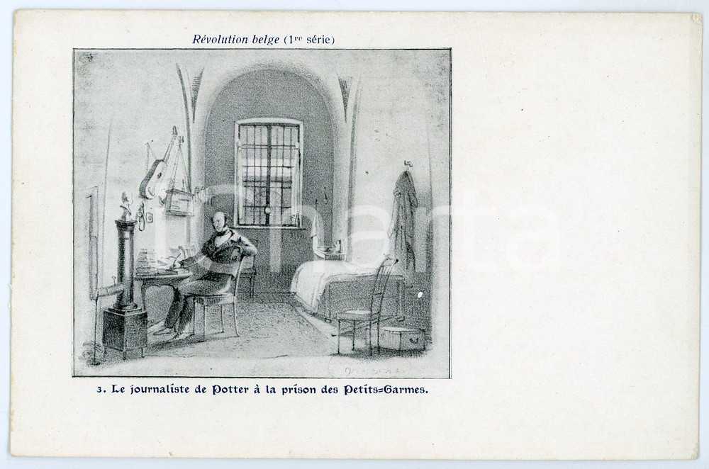1900 ca REVOLUTION BELGE Le journaliste de Potter Ã  la prison des Petits-Garmes  Cartolina postale d'epoca, non viaggiata.  GOOD/buono smussature angolari FORMATO: 14x9 cm originale e autentica 1