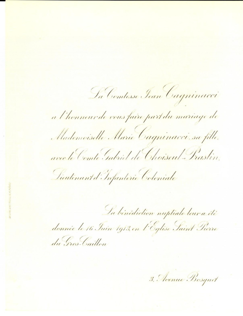 Documento originale, autentico 1913 PARIS Faire part mariage Marie CAGNINACCI  Gabriel de CHOISEUL PRASLIN 1