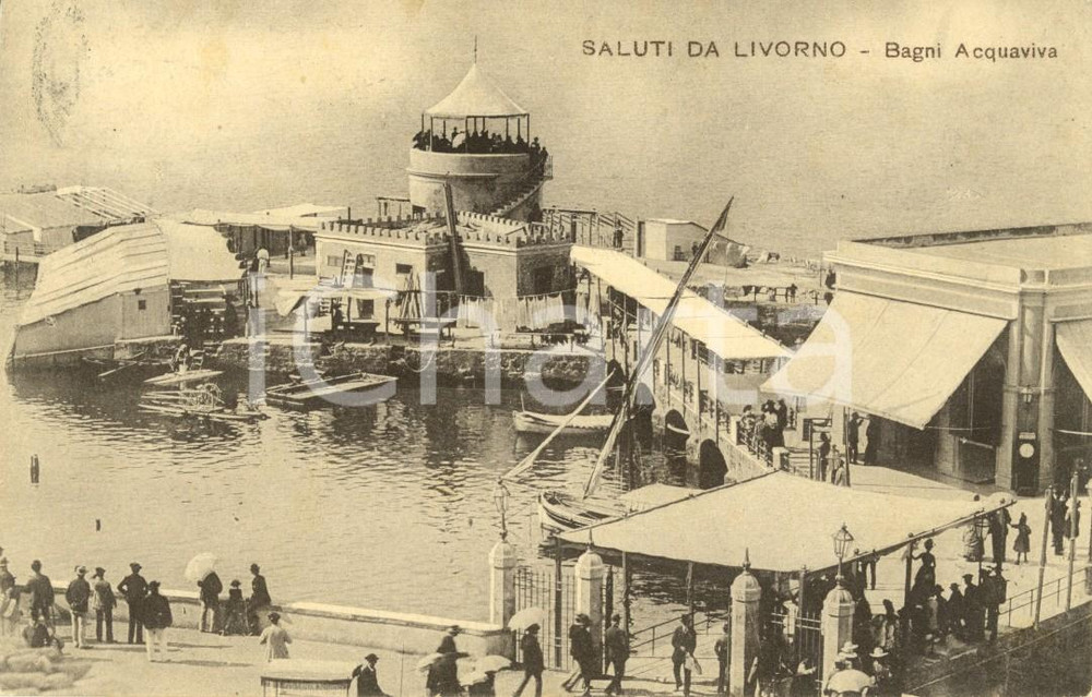 Cartolina originale da collezione 1911 LIVORNO Veduta dei Bagni ACQUAVIVA *Cartolina ANIMATA con barche FP VG 1