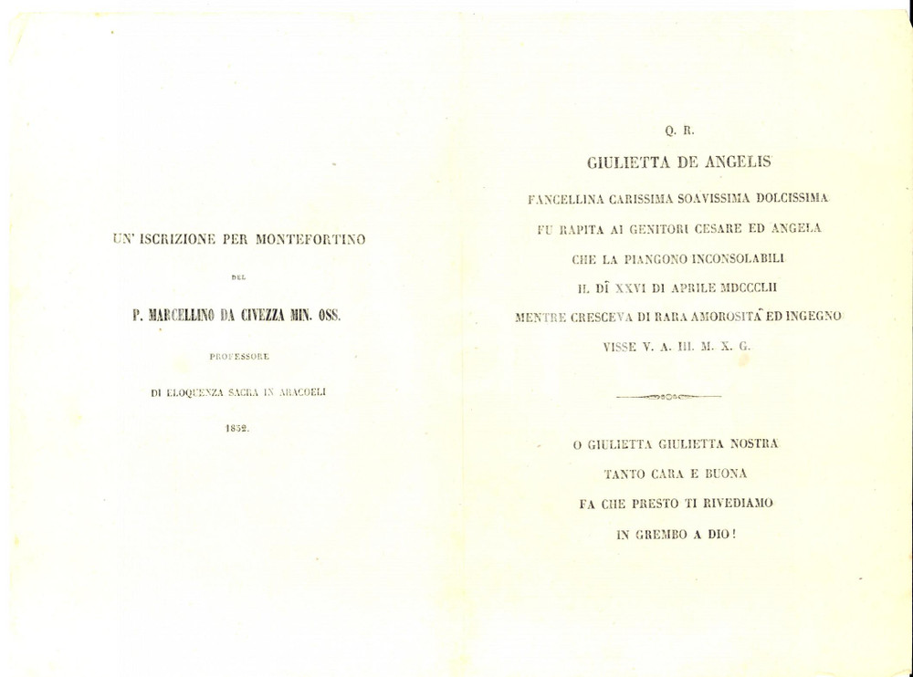 Documento originale, autentico 1852 MONTEFORTINO Iscrizione padre Marcellino da Civezza Giulietta DE ANGELIS 1