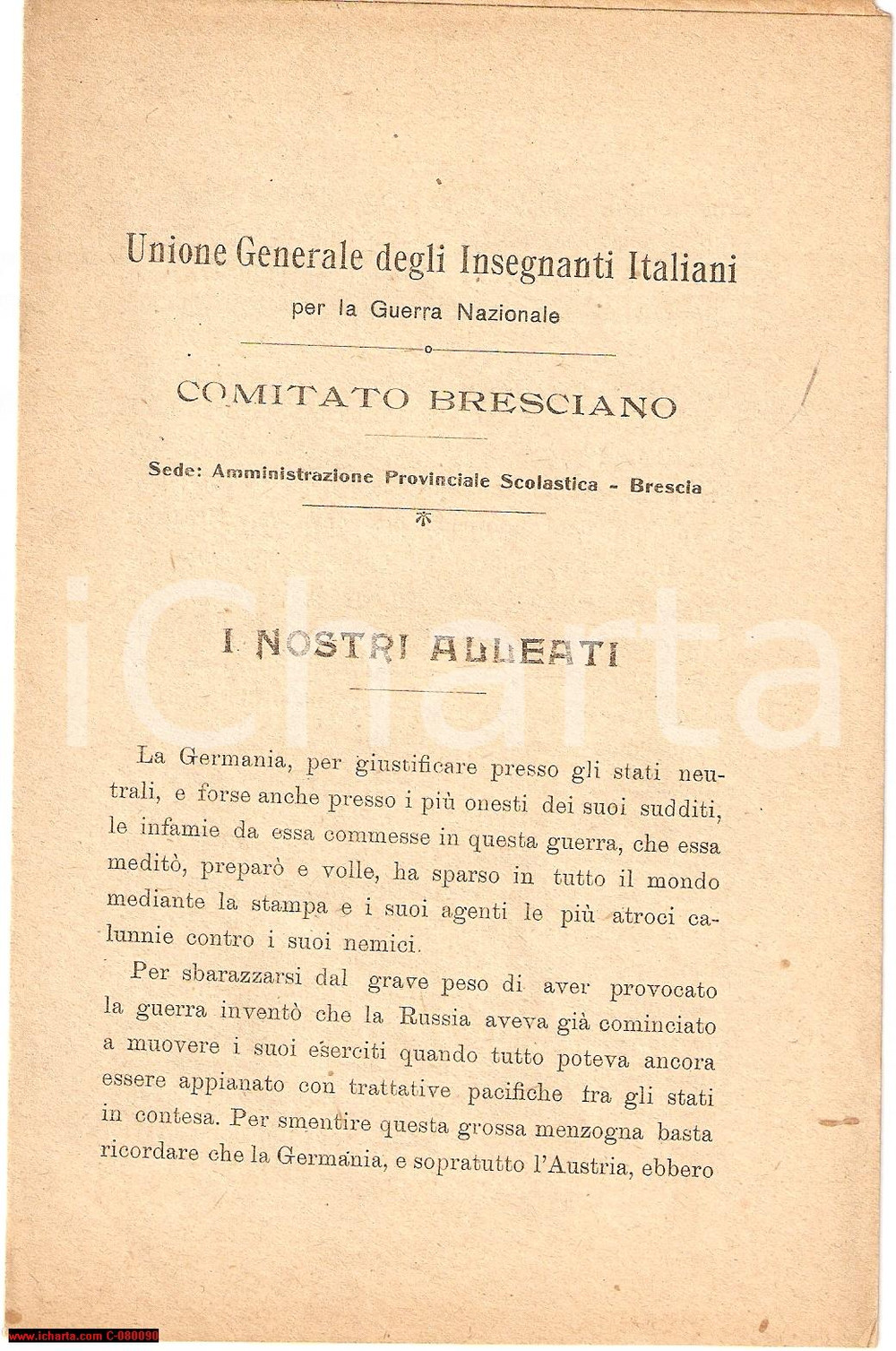 Documento originale, autentico 1920 circa PROPAGANDA BRESCIA I nostri alleati sono gli INGLESI 1