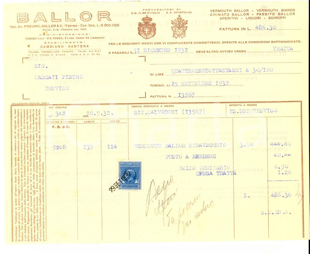Documento originale, autentico 1932 TORINO Ditta FREUND, BALLOR & C. *Fattura per Vermouth stravecchio 1