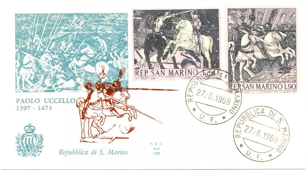 Materiale pubblicitario d’epoca 1968 REPUBBLICA SAN MARINO Paolo Uccello 1397 1475 annullo BUSTA PRIMO GIORNO 1
