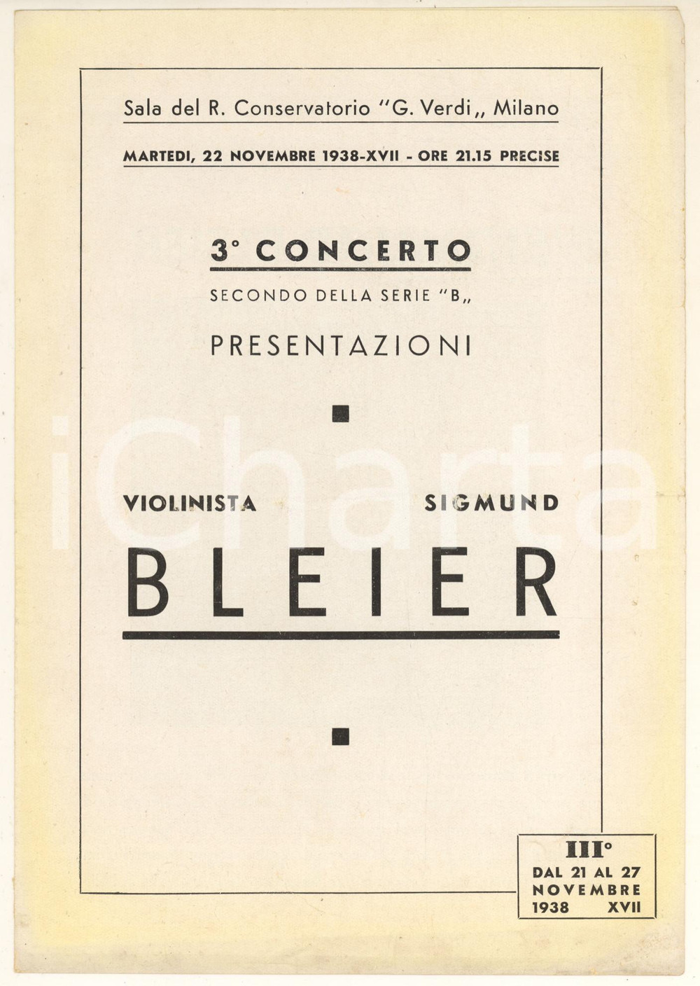 Materiale pubblicitario d’epoca 1938 MILANO Concerto Sigmund BLEIER Otto GRAEF Regio Conservatorio *Programma 1