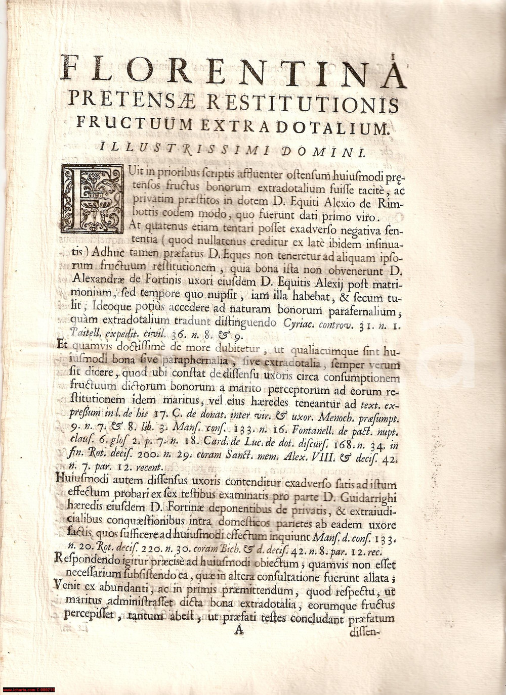 Documento originale, autentico 1703 FIRENZE Pretesa restituzione dei frutti extradotali cav. Alessio RIMBOTTI 1