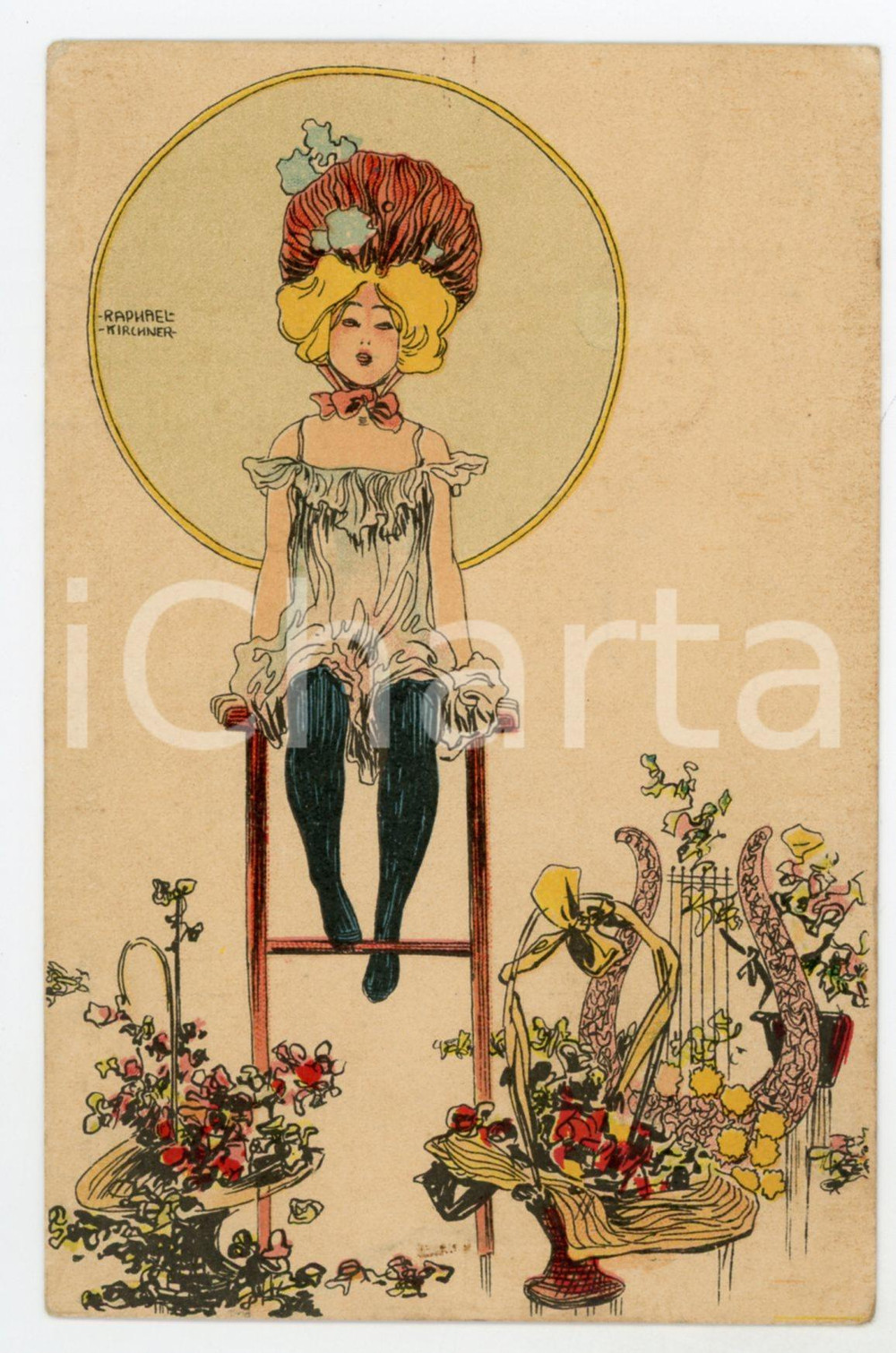 1900 ca ART NOUVEAU Artist Raphael KIRCHNER - Blonde lady with flowers *Postcard  Cartolina postale d'epoca, opera dell'artista e illustratore Raphael Kirchner, non viaggiata.CONDIZIONI: POOR (piccole increspature ai margini, dovute a umidit&agrave;)FORMATO: FP    originale e autentica 1