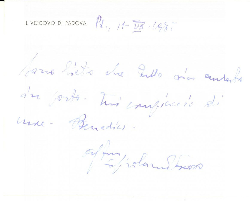 Autografo originale 1971 PADOVA Biglietto congratulazioni mons. Girolamo BORTIGNON  Autografo 1