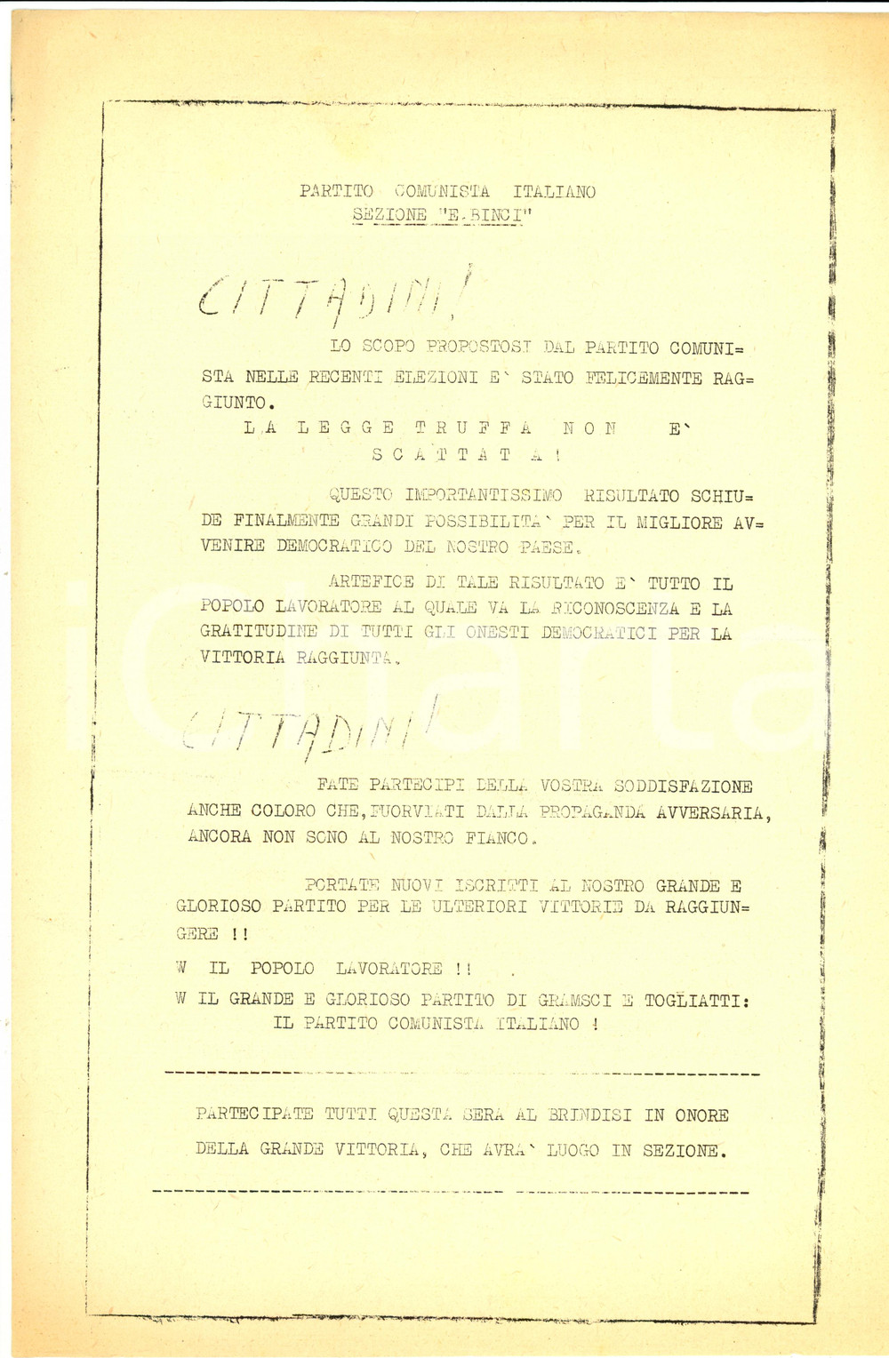 Materiale pubblicitario d’epoca 1953 GENOVA PROPAGANDA POLITICA PCI Festa Sezione BINCI sconfitta LEGGE TRUFFA 1