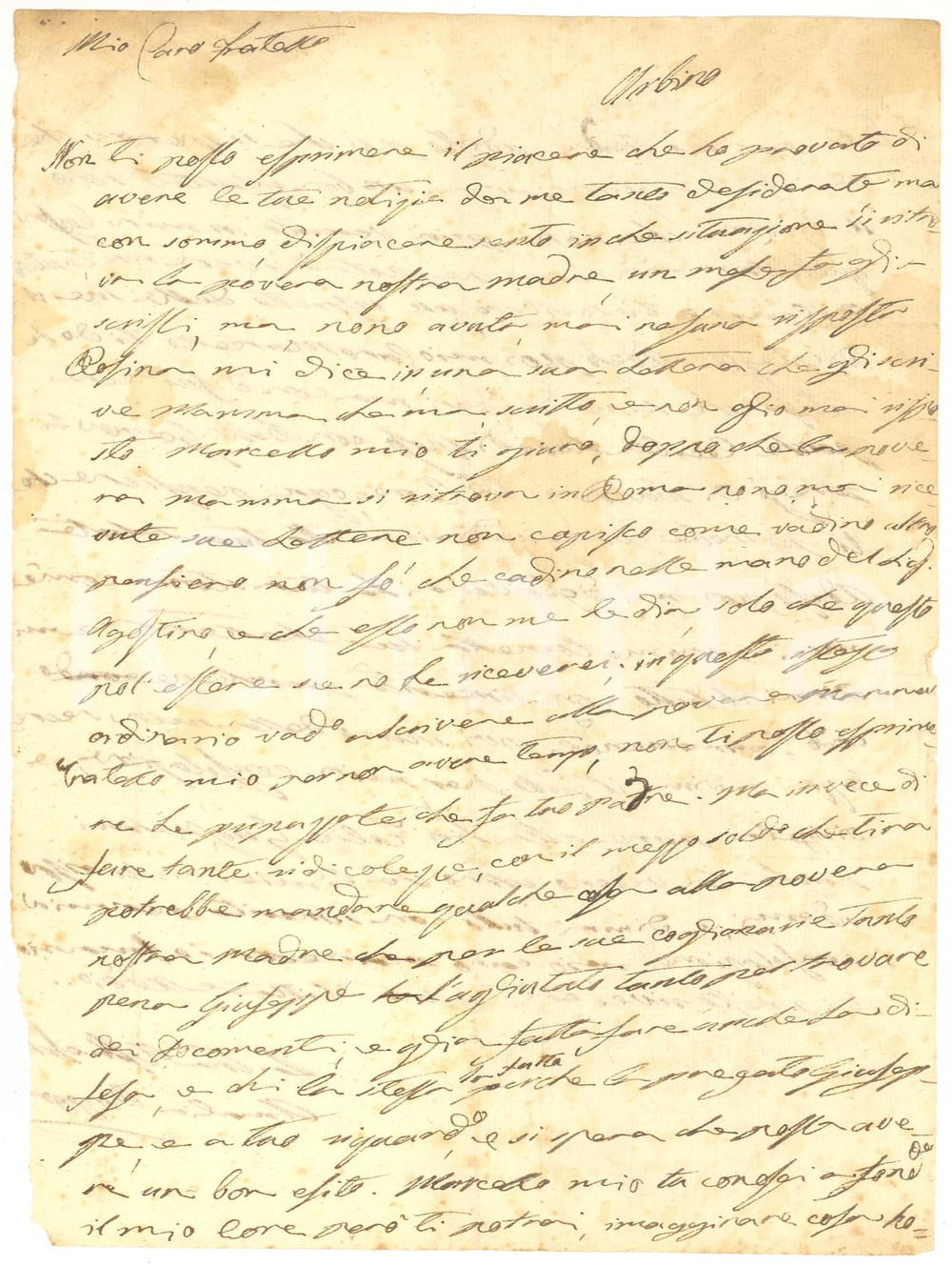 Manoscritto, lettera originale 1845 ca URBINO Amalia BORGOGELLI soffre per la salute della madre Lettera 1