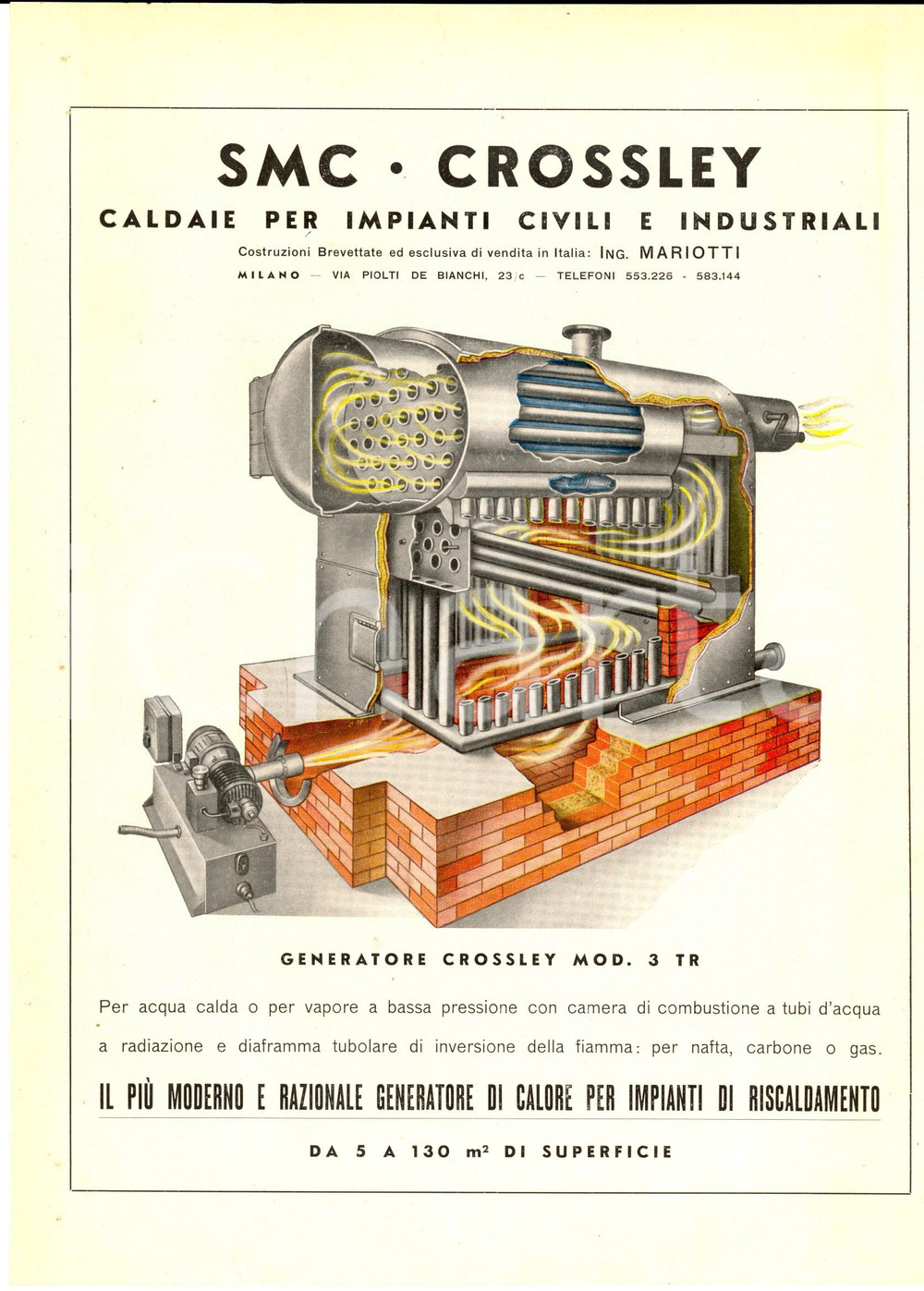 Materiale pubblicitario d’epoca 1950 ca MILANO Ditta SMC CROSSLEY Caldaie per impianti civiIi PubblicitÃ  1